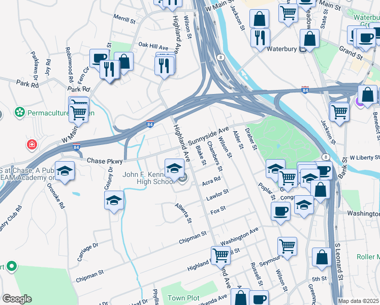map of restaurants, bars, coffee shops, grocery stores, and more near 173 Sunnyside Avenue in Waterbury