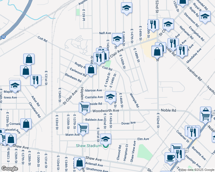 map of restaurants, bars, coffee shops, grocery stores, and more near 1116 East 143rd Street in Cleveland