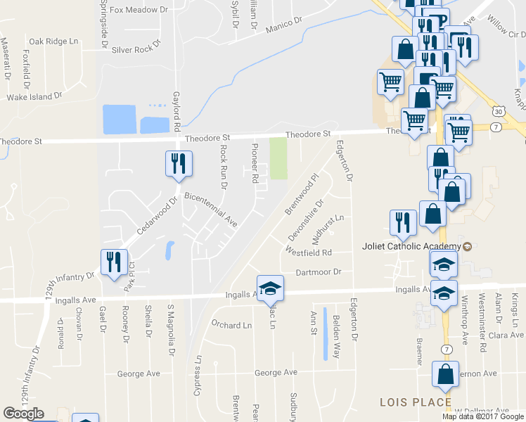 map of restaurants, bars, coffee shops, grocery stores, and more near 1449 Pioneer Road in Crest Hill