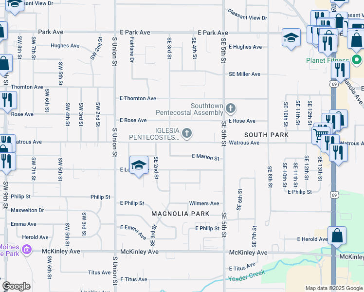 map of restaurants, bars, coffee shops, grocery stores, and more near 314 Watrous Avenue in Des Moines