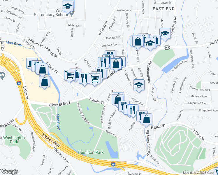 map of restaurants, bars, coffee shops, grocery stores, and more near 26 Eastwood Avenue in Waterbury