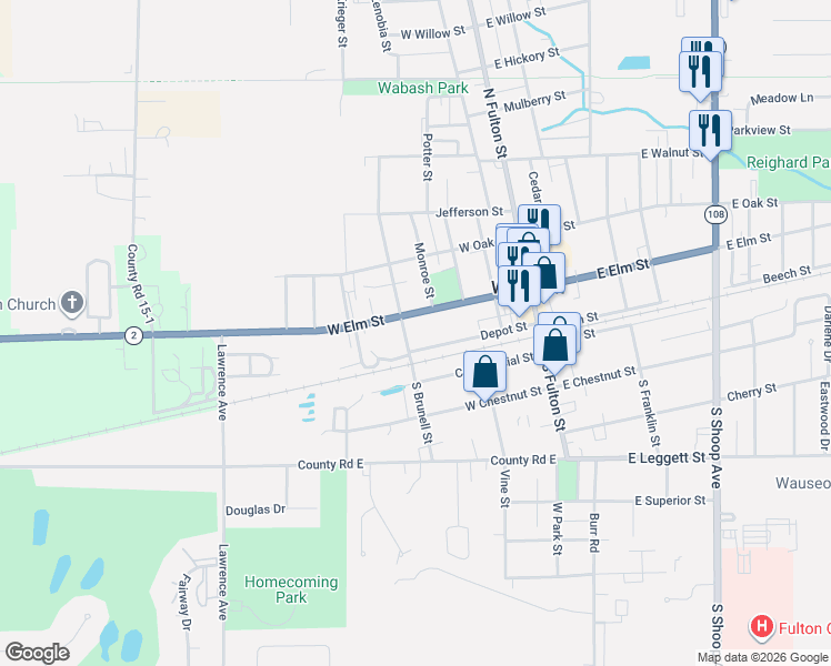 map of restaurants, bars, coffee shops, grocery stores, and more near 307 West Elm Street in Wauseon