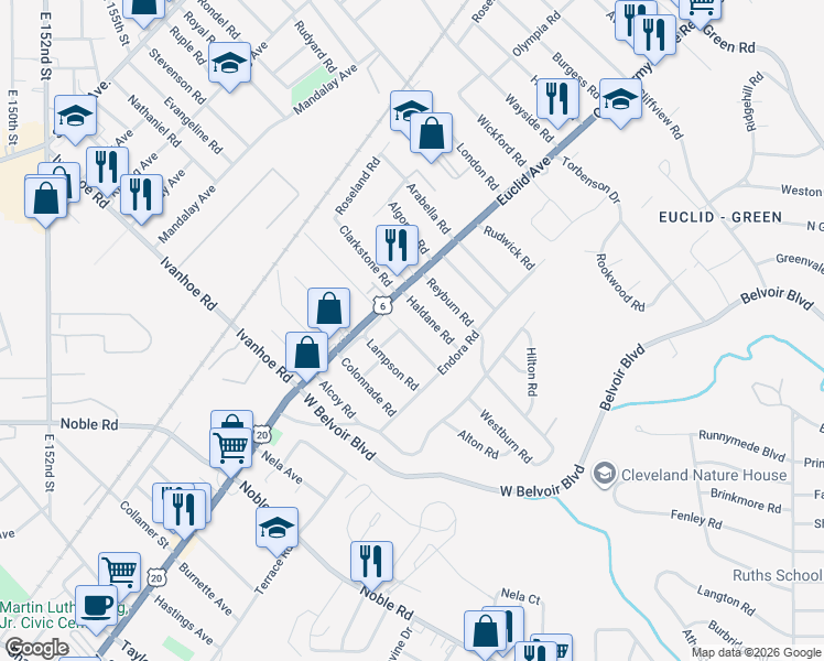 map of restaurants, bars, coffee shops, grocery stores, and more near 1832 Haldane Road in Cleveland