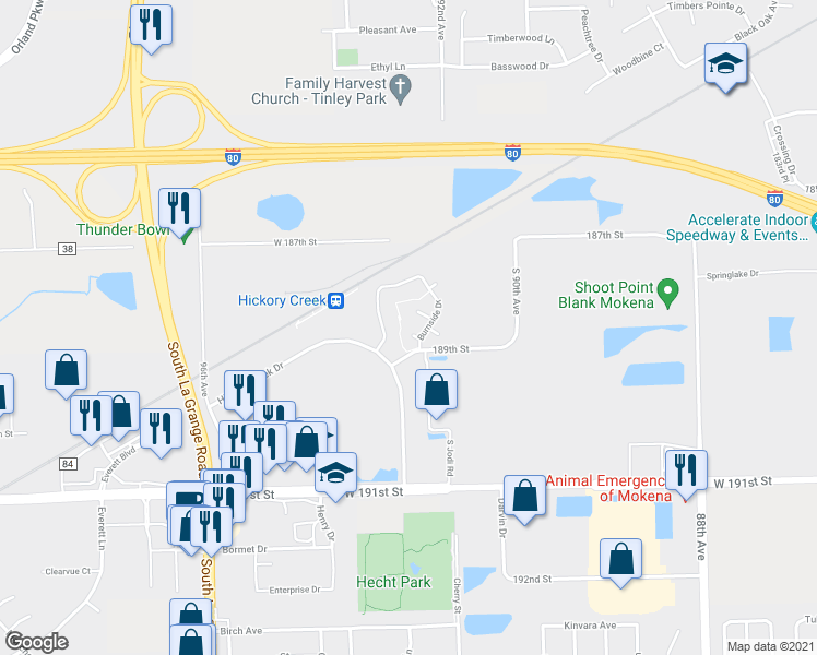 map of restaurants, bars, coffee shops, grocery stores, and more near 9246 Stanford Court in Mokena