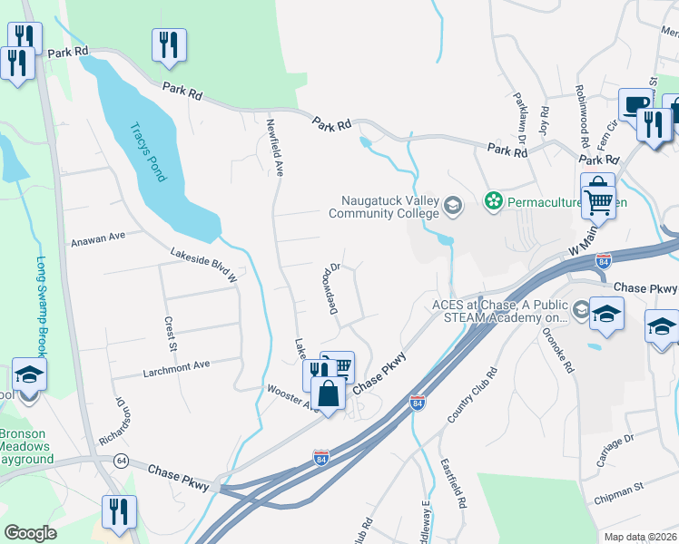 map of restaurants, bars, coffee shops, grocery stores, and more near 106 Deepwood Drive in Waterbury