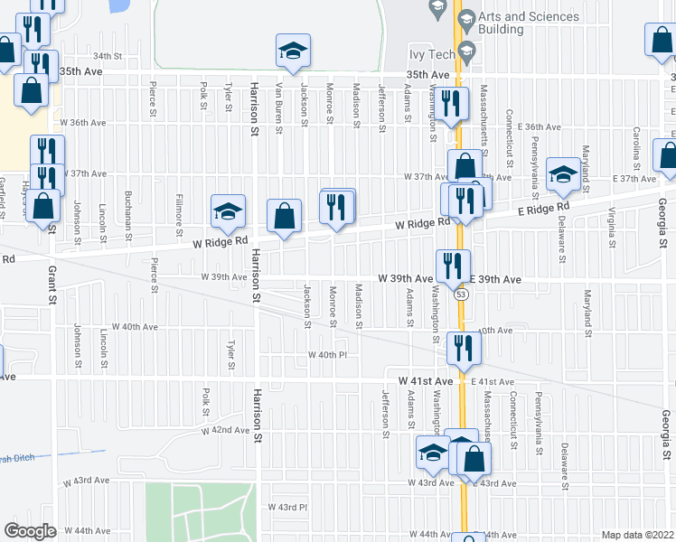 map of restaurants, bars, coffee shops, grocery stores, and more near 3887 Monroe Street in Gary
