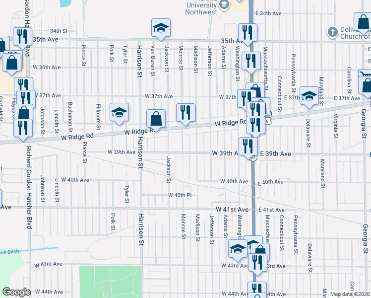 map of restaurants, bars, coffee shops, grocery stores, and more near 3887 Monroe Street in Gary