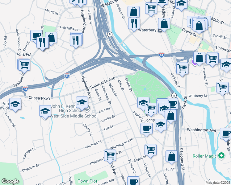 map of restaurants, bars, coffee shops, grocery stores, and more near 213 Alder Street in Waterbury