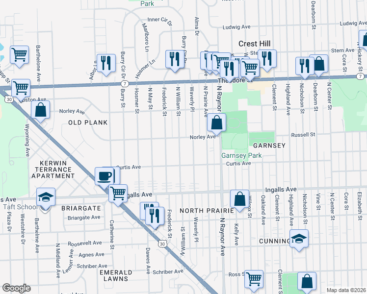 map of restaurants, bars, coffee shops, grocery stores, and more near 1323 North William Street in Joliet