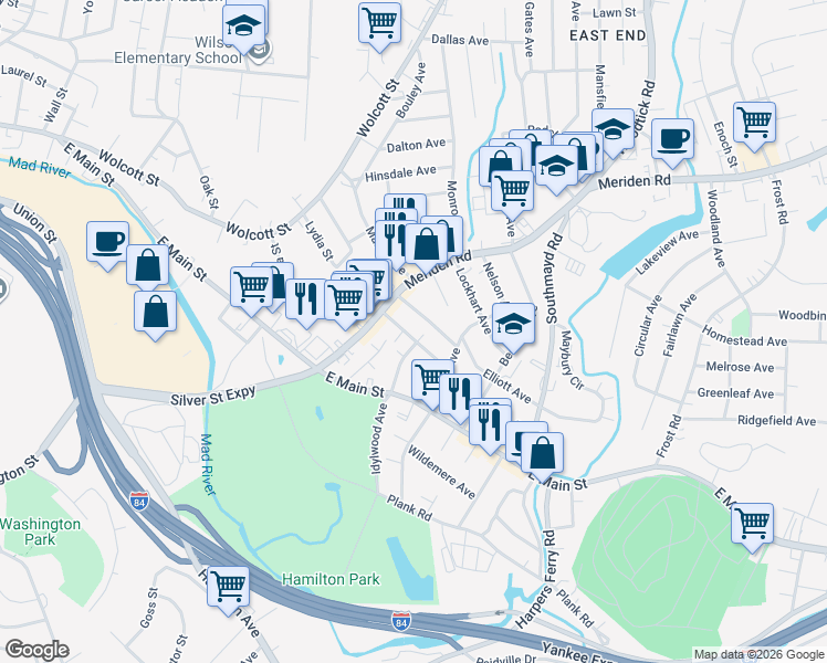 map of restaurants, bars, coffee shops, grocery stores, and more near 38 Woodward Avenue in Waterbury