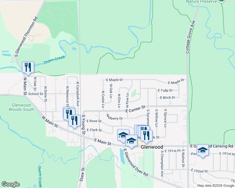 map of restaurants, bars, coffee shops, grocery stores, and more near 50 North Elm Lane in Glenwood