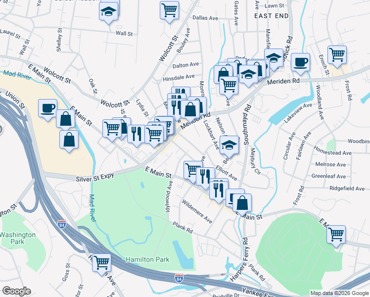 map of restaurants, bars, coffee shops, grocery stores, and more near 37 Eastwood Avenue in Waterbury