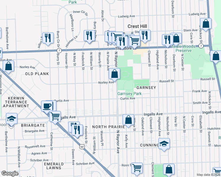 map of restaurants, bars, coffee shops, grocery stores, and more near 1318 North Prairie Avenue in Joliet