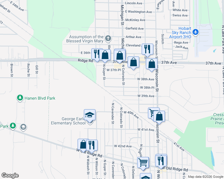 map of restaurants, bars, coffee shops, grocery stores, and more near 1300 West 38th Place in Hobart