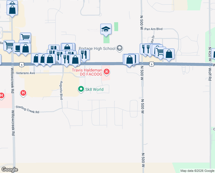 map of restaurants, bars, coffee shops, grocery stores, and more near 3604 Greenbriar in Portage