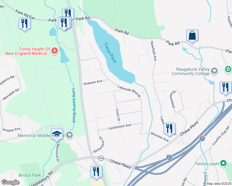 map of restaurants, bars, coffee shops, grocery stores, and more near 455 Lakeside Boulevard West in Waterbury