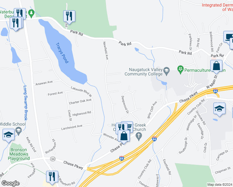 map of restaurants, bars, coffee shops, grocery stores, and more near 52 Hampton Road in Waterbury
