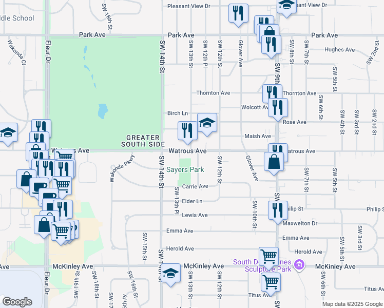 map of restaurants, bars, coffee shops, grocery stores, and more near 1300 Watrous Avenue in Des Moines
