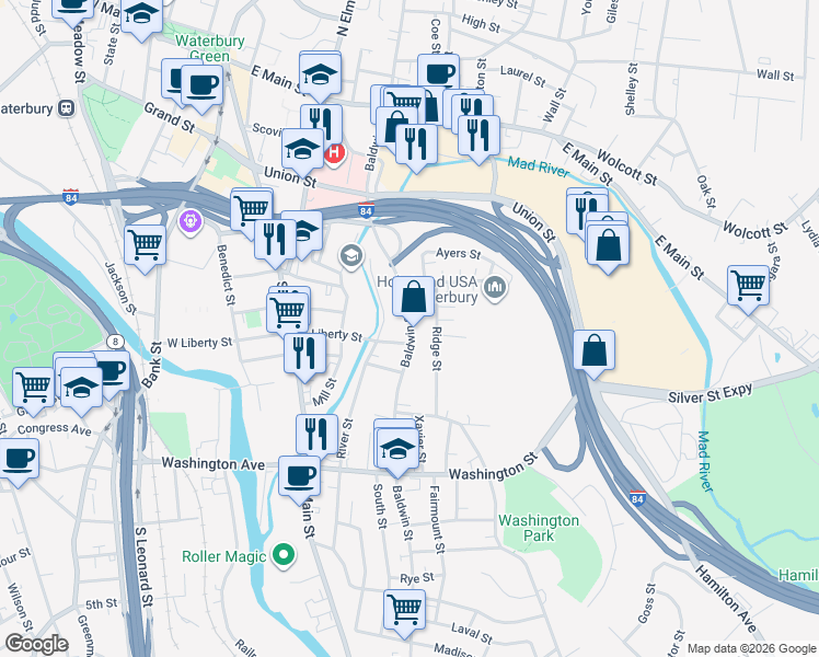 map of restaurants, bars, coffee shops, grocery stores, and more near 305 Baldwin Street in Waterbury