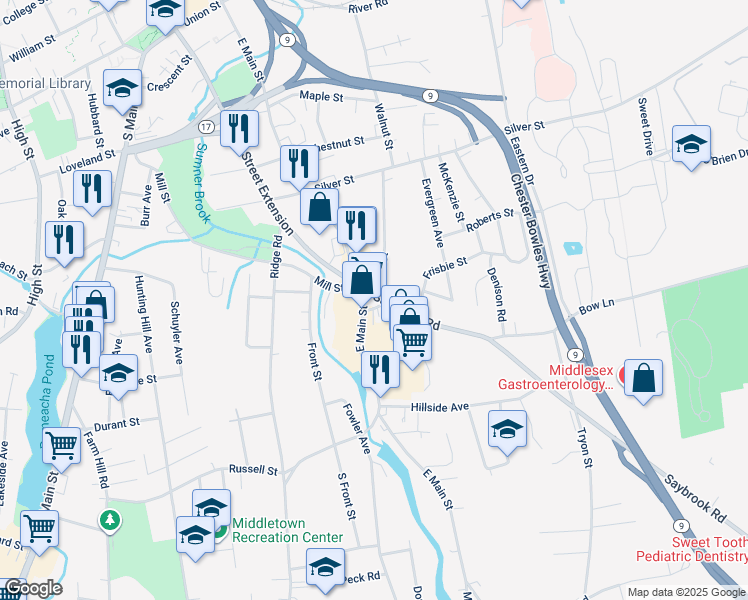 map of restaurants, bars, coffee shops, grocery stores, and more near 12 Saybrook Road in Middletown