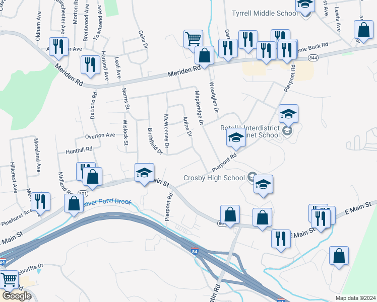 map of restaurants, bars, coffee shops, grocery stores, and more near 79 Arline Drive in Waterbury