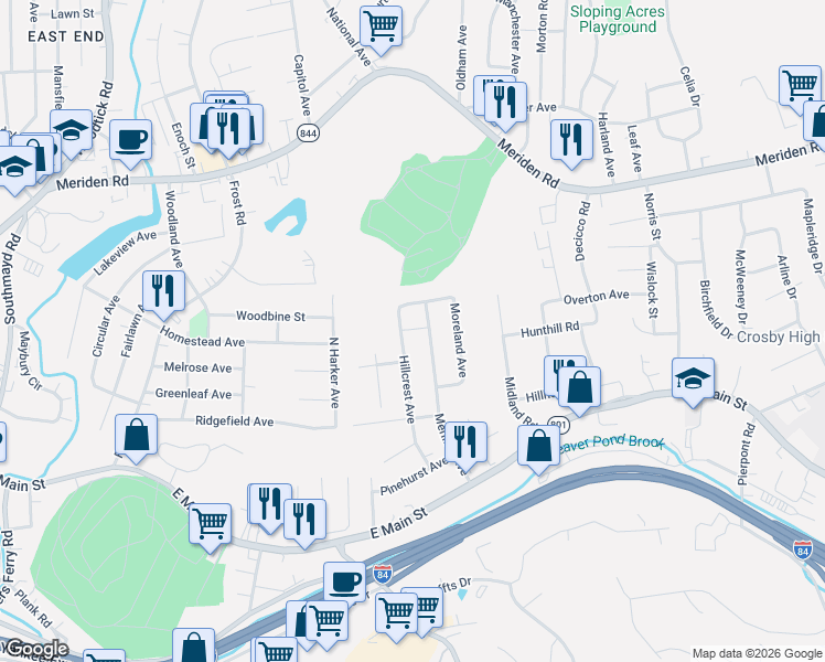 map of restaurants, bars, coffee shops, grocery stores, and more near 92 Rockaway Avenue in Waterbury