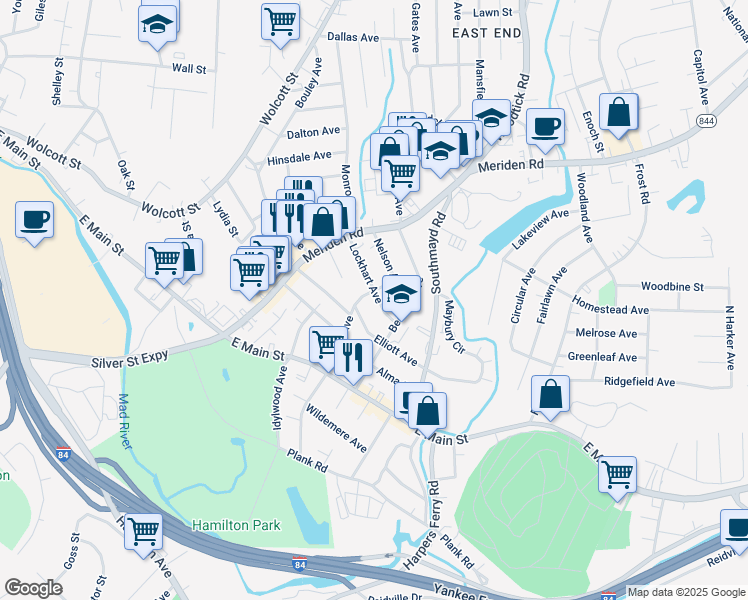 map of restaurants, bars, coffee shops, grocery stores, and more near 167 Edson Avenue in Waterbury