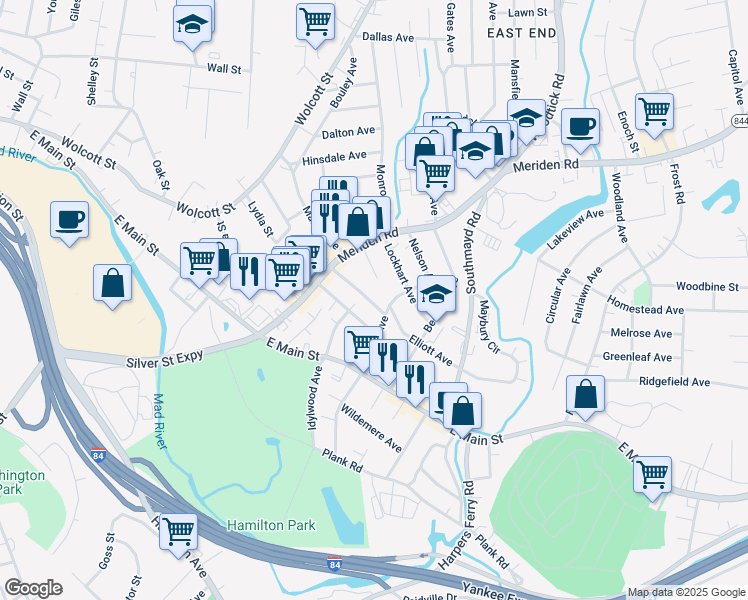 map of restaurants, bars, coffee shops, grocery stores, and more near 60 Hungerford Avenue in Waterbury