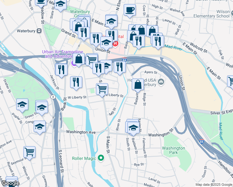 map of restaurants, bars, coffee shops, grocery stores, and more near 71 East Dover Street in Waterbury