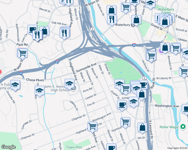 map of restaurants, bars, coffee shops, grocery stores, and more near 213 Alder Street in Waterbury