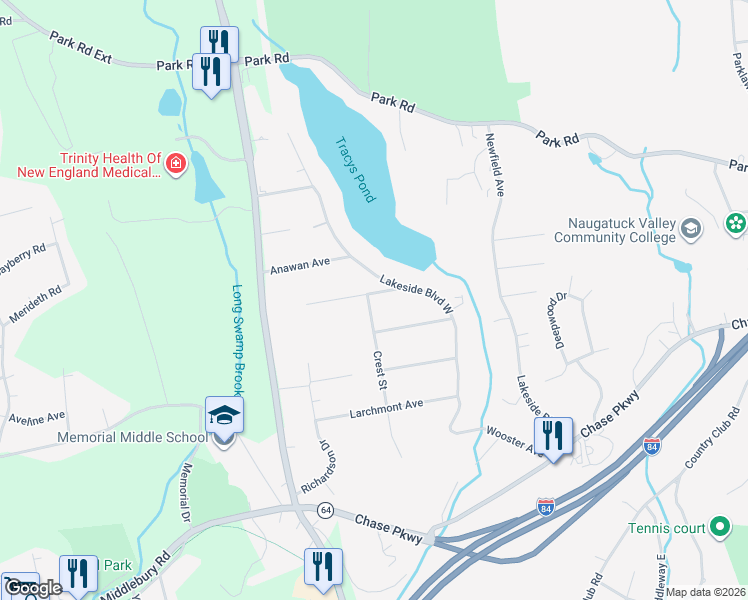 map of restaurants, bars, coffee shops, grocery stores, and more near 455 Lakeside Boulevard West in Waterbury