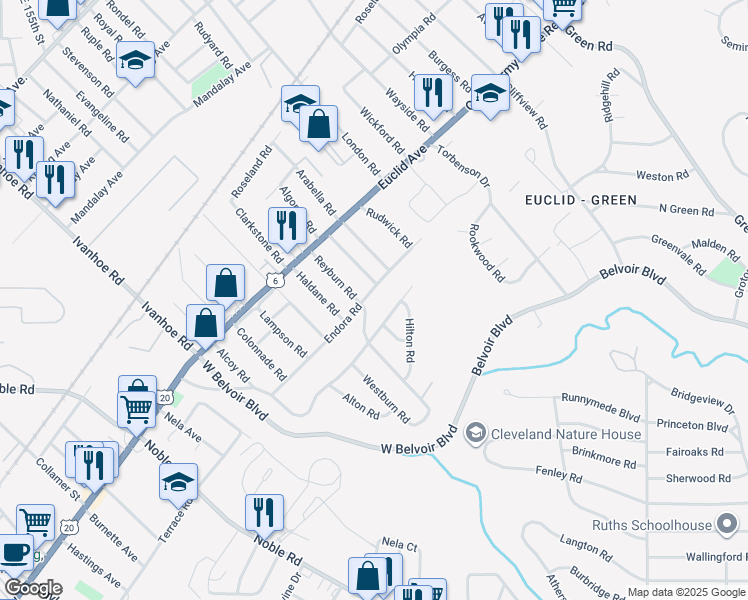 map of restaurants, bars, coffee shops, grocery stores, and more near 1882 Grantham Road in Cleveland