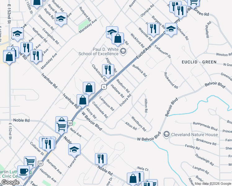 map of restaurants, bars, coffee shops, grocery stores, and more near 1832 Haldane Road in Cleveland