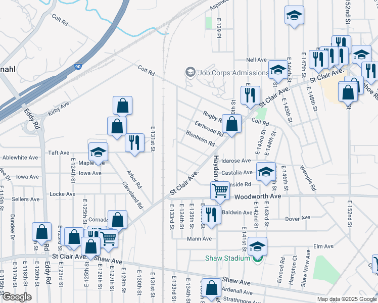 map of restaurants, bars, coffee shops, grocery stores, and more near 13409 Ashburton Road in Cleveland