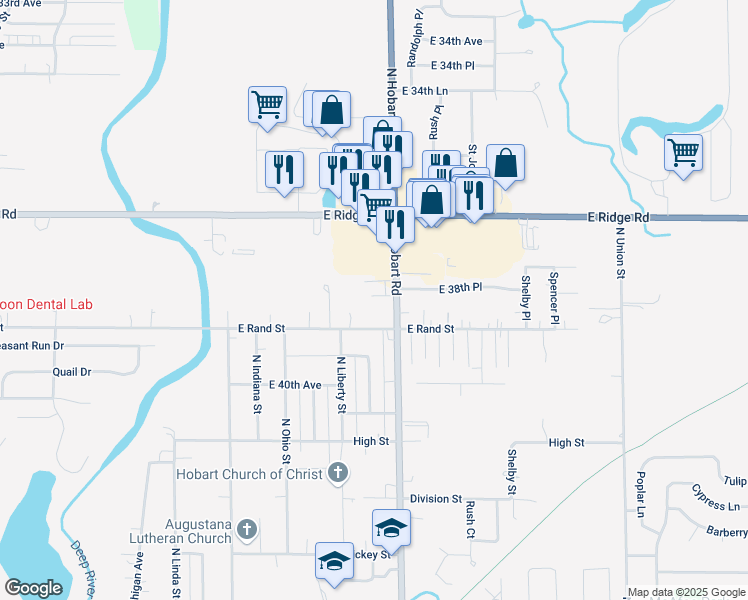 map of restaurants, bars, coffee shops, grocery stores, and more near 1502 East 38th Place in Hobart