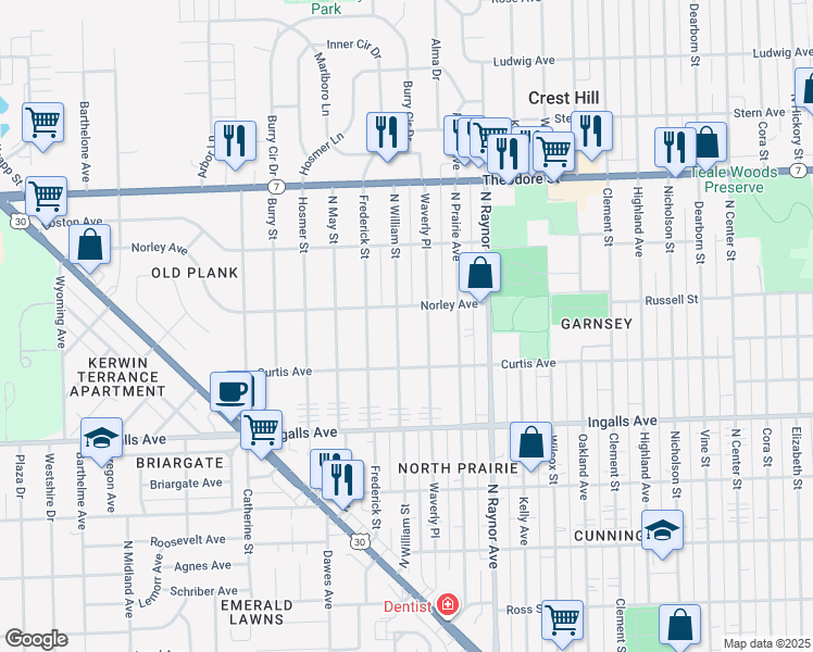 map of restaurants, bars, coffee shops, grocery stores, and more near 1323 North William Street in Joliet