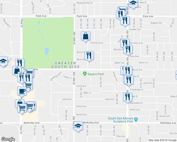 map of restaurants, bars, coffee shops, grocery stores, and more near 1301 Watrous Avenue in Des Moines