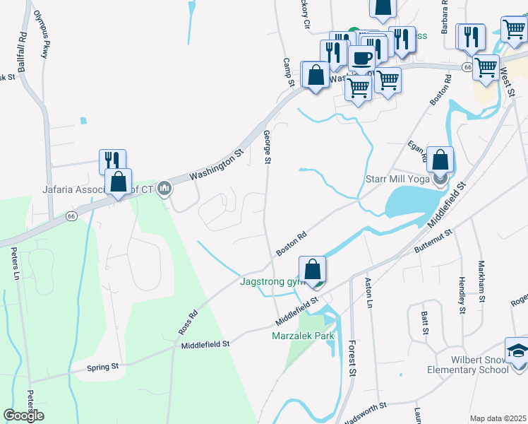 map of restaurants, bars, coffee shops, grocery stores, and more near 208 George Street in Middletown