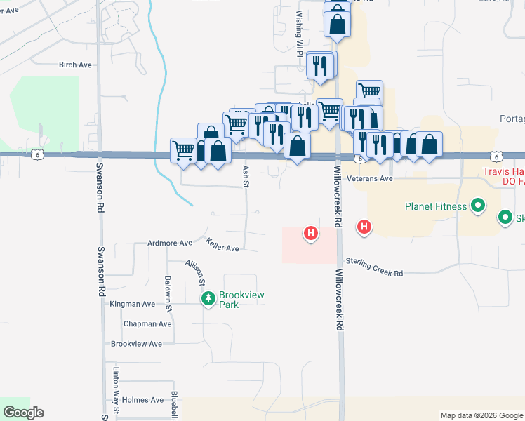 map of restaurants, bars, coffee shops, grocery stores, and more near 5886 Creekview Court East in Portage