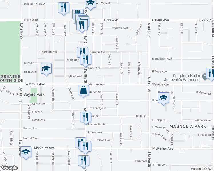 map of restaurants, bars, coffee shops, grocery stores, and more near 606 Watrous Avenue in Des Moines