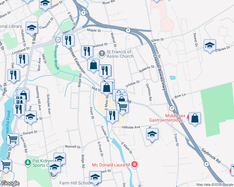 map of restaurants, bars, coffee shops, grocery stores, and more near 50 Saybrook Road in Middletown