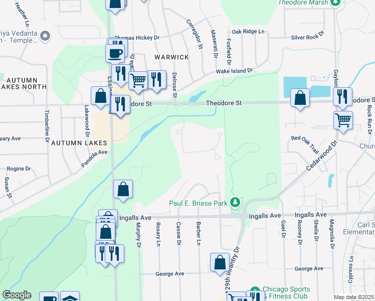 map of restaurants, bars, coffee shops, grocery stores, and more near 3025 Covered Bridge Way in Joliet