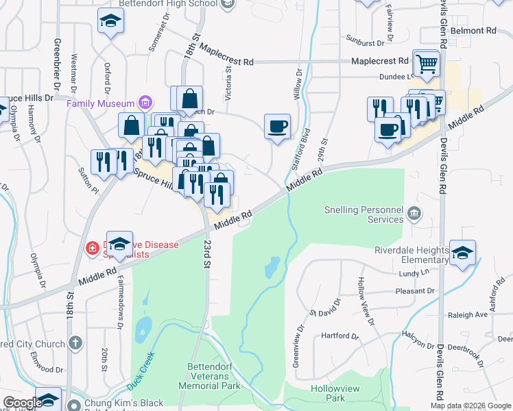 map of restaurants, bars, coffee shops, grocery stores, and more near 2592 Middle Road in Bettendorf