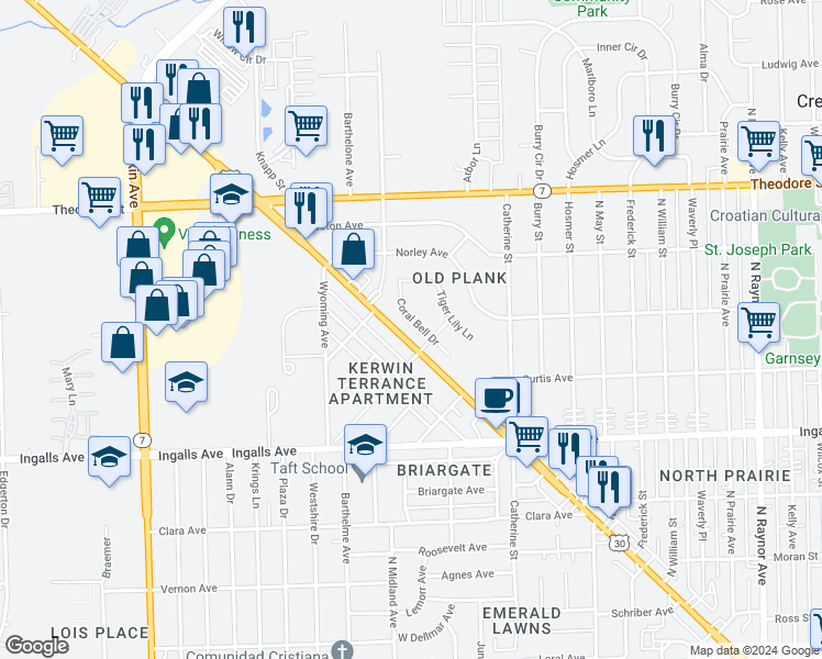 map of restaurants, bars, coffee shops, grocery stores, and more near 1412 Coral Bell Drive in Joliet