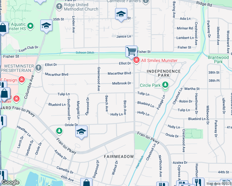 map of restaurants, bars, coffee shops, grocery stores, and more near 1416 Tulip Lane in Munster