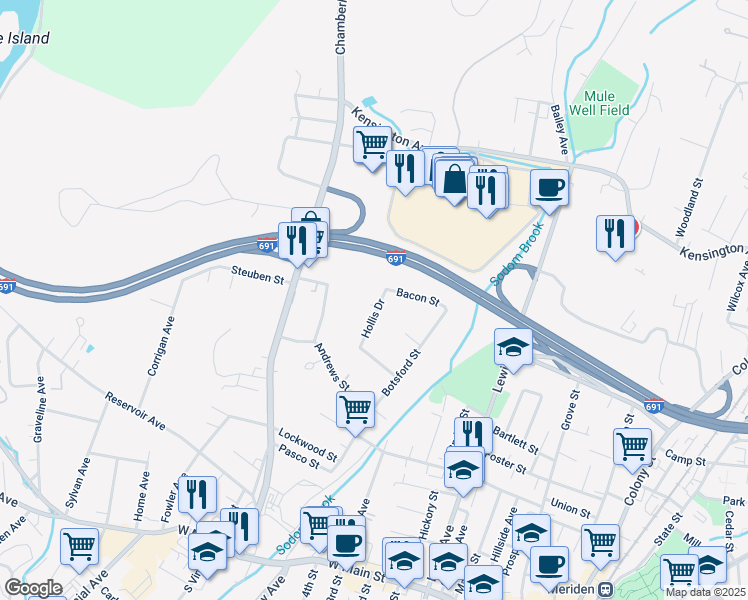 map of restaurants, bars, coffee shops, grocery stores, and more near 76 Hollis Drive in Meriden