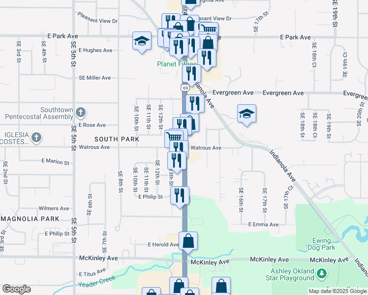 map of restaurants, bars, coffee shops, grocery stores, and more near SE 14th St & E Watrous Ave in Des Moines