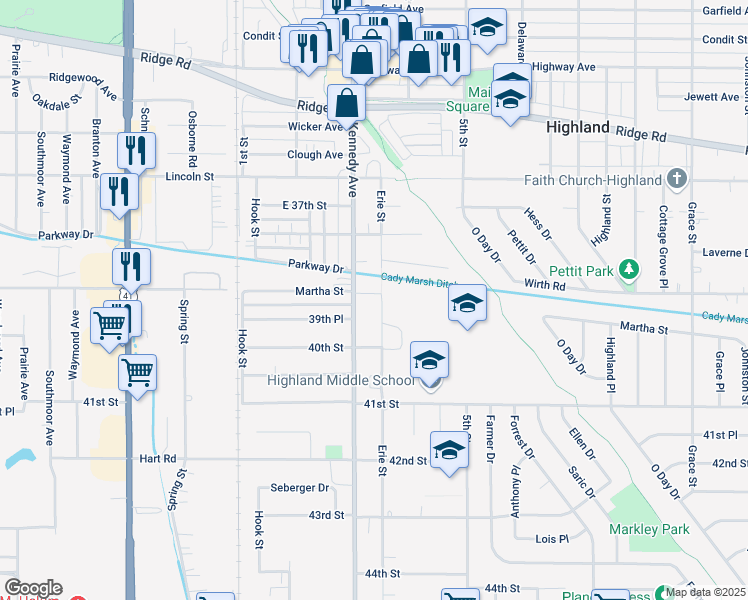 map of restaurants, bars, coffee shops, grocery stores, and more near 9106 Erie St in Highland
