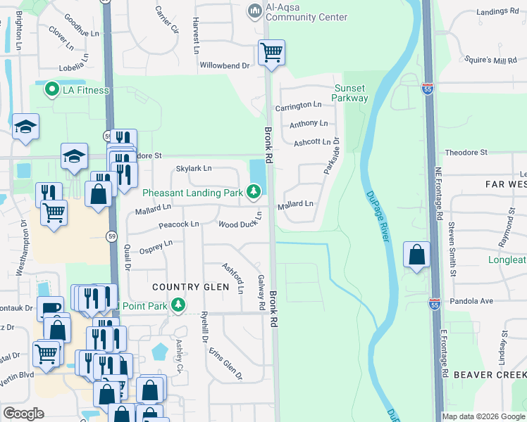map of restaurants, bars, coffee shops, grocery stores, and more near 1410 Wood Duck Lane in Plainfield