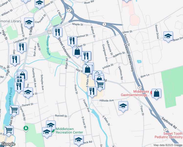 map of restaurants, bars, coffee shops, grocery stores, and more near 12 Saybrook Road in Middletown